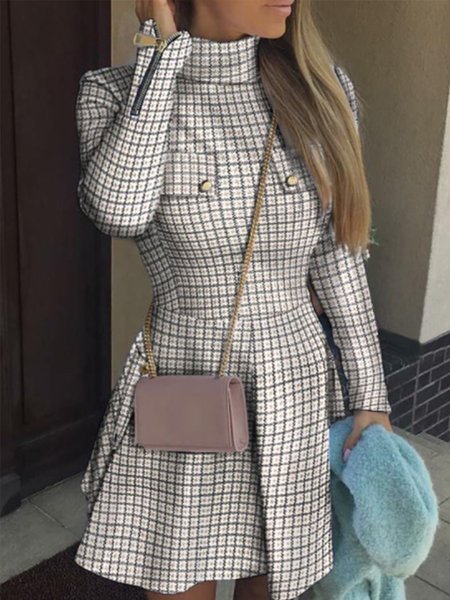 Elegant Stand Collar Buttoned Checked/Plaid Dress, As picture, Mini Dresses