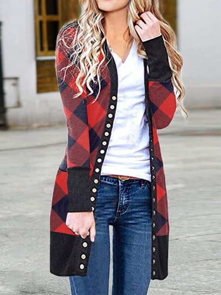 Buttoned Color Block Casual Outerwear, Red, Cardigans