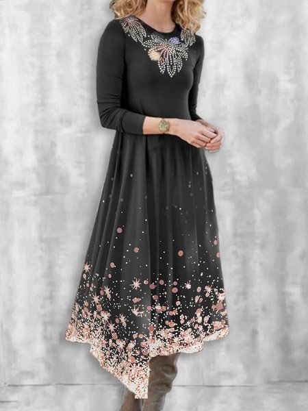Cotton Blends Geometric Crew Neck Dresses, Black, Maxi Dresses