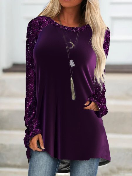 Raglan Sleeve Casual Crew Neck Plain Shirts & Tops, Purple, Tunics
