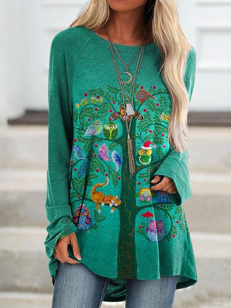 Loosen Round Neck Casual Shirts & Tops, Green, Long sleeve tops