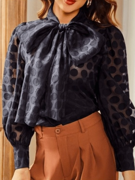 Spring Polka Dots Long sleeve Tie Neck Date Formal Tops, Black, Blouses and Shirts
