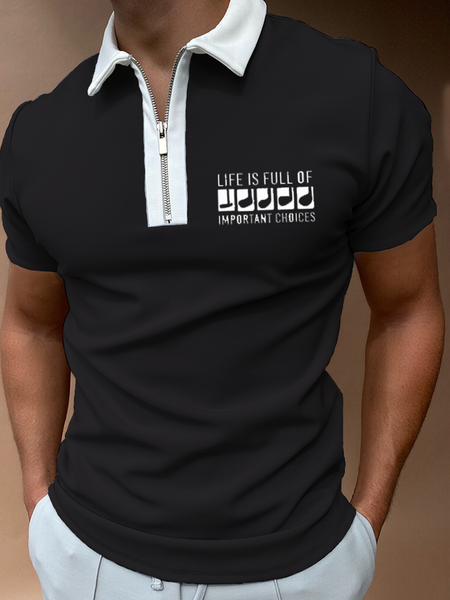 Lapel Letter Short Sleeve Shirts & Tops, Black, Men's t-shirts