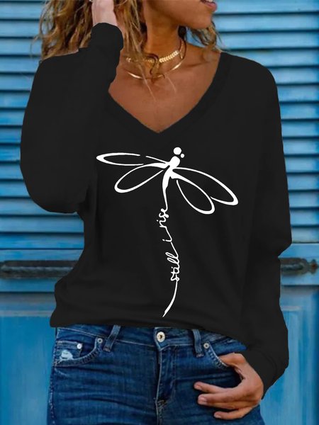 Casual Long Sleeve V Neck Plus Size Printed Tops T-shirts, Black, T-Shirts