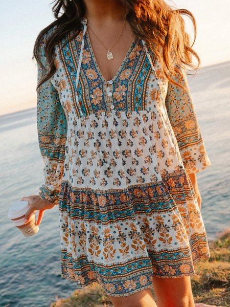 Boho Long Sleeve Floral Printed V Neck Plus Size Casual Dresses, Multicolor, Mini Dresses
Boho Long Sleeve Floral Printed V Neck Plus Size Casual Dresses, Multicolor, Mini Dresses