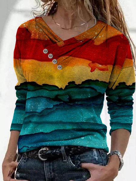 Casual Loosen Abstract Long Sleeve Shirts & Tops, As picture, Tops