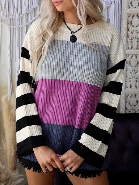 Crew Neck Yarn/Wool Yarn Cute Sweater, Purple, Sweaters