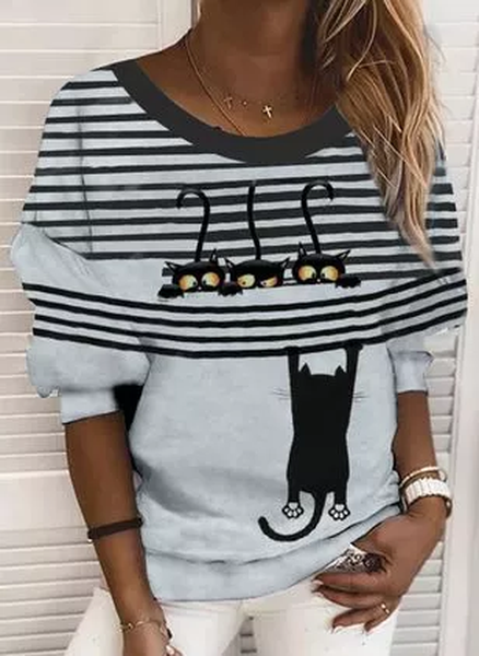 Cute Cat Pattern Casual Striped Crew Neck Shirts & Tops, Gray, Long sleeve tops
Cute Cat Pattern Casual Striped Crew Neck Shirts & Tops, Gray, Long sleeve tops
