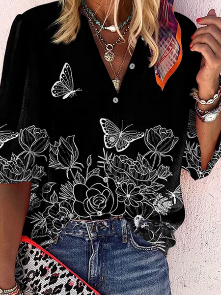 Loosen Butterfly Shirt Collar Shirts & Tops, Black, Shirts & Blouses