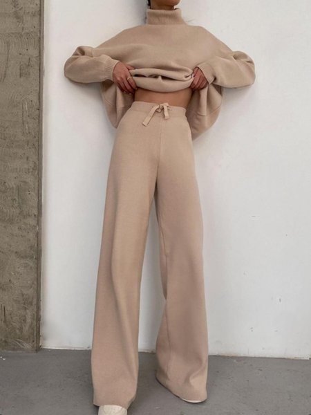 Causal Daily Solid High Neck Suits Top With Pants, Beige, Two-piece Set