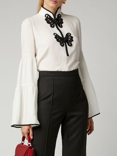 Simple Lady Regular Fit Stand Collar Color Block Top, White, Blouses and Shirts