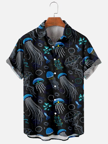 Mens Jellyfish Print Casual Breathable Chest Pocket Short Sleeve Hawaiian Shirts, Black, Men's Floral shirt