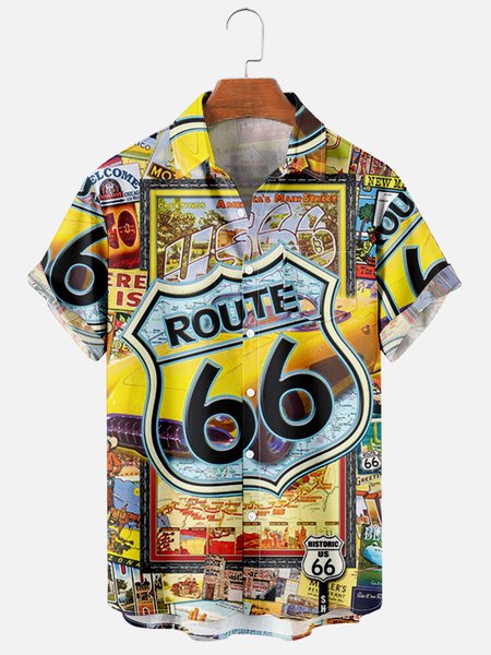 Mens U.S Route 66 Print Casual Breathable Chest Pocket Short Sleeve Hawaiian Shirts, Yellow, Men's Floral shirt