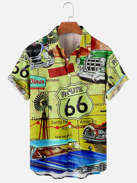 Mens U.S Route 66 Print Casual Breathable Short Sleeve Hawaiian Shirts, Green, Men's Floral shirt