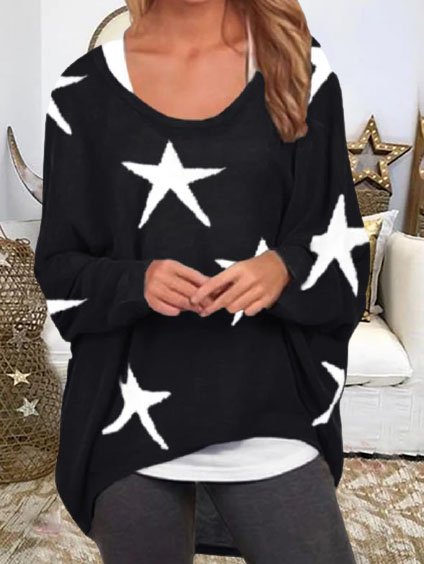 Star Crew Neck Loosen Long Sleeve Casual Sweater, Black, Sweaters