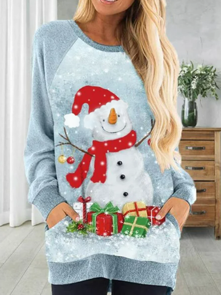 Long sleeved crew neck Christmas festive Christmas Snowman print dress women, Blue, Mini Dresses