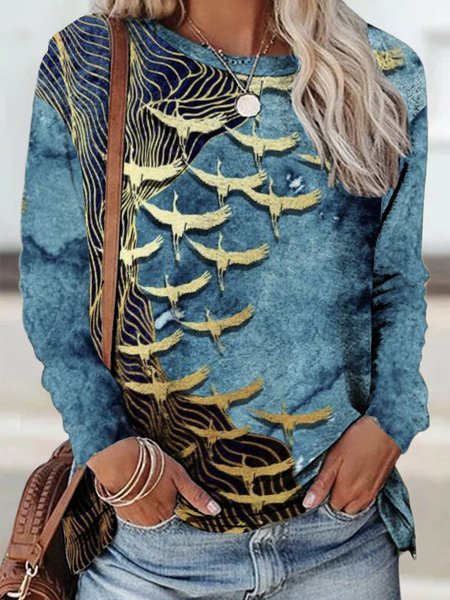 Casual Crew Neck Shirts & Tops, Blue, Tops