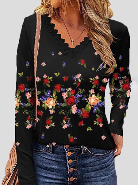 Cotton Blends V Neck Regular Fit Shirts & Tops, Black, T-Shirts