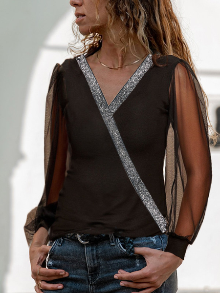 Long Sleeve V Neck Casual Shirts & Tops, Black, T-Shirts