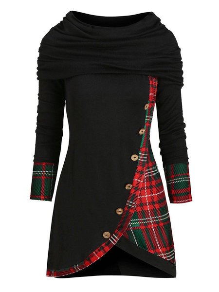 Long Sleeve Plaid Casual Buttoned Dresses, Black, Mini Dresses