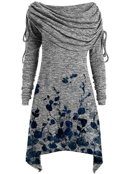 Long Sleeve Cowl Neck Casual Floral Dresses, Gray, Mini Dresses
