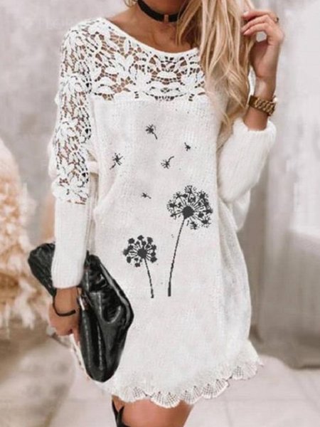 Floral Loosen Lace Dresses, White, Mini Dresses