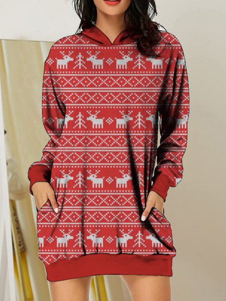 Figure Hooded Casual Dresses, Red white, Casual Dresses