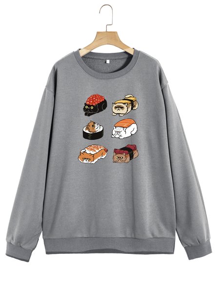 Unocis Sushi Cat Print Crew Neck Long Sleeve Sweatshirt, Gray, Sweatshirts