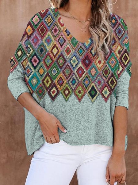 Geometric Loosen Causal V Neck Long SLeeve Tops, Mint, T-Shirts