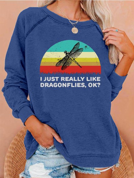 I Just Really Like Dragonflies Round Neck Sweatershirt, Blue, Hoodies&Sweatshirts