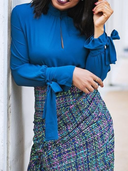 Spring Elegant Daily Tie Neck Long sleeve Mid-weight Tops, Blue, Blouses and Shirts