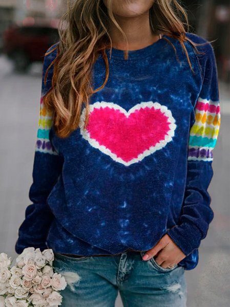 Heart Printed Dying Crew Neck Sweatshirt, As picture, Hoodies&Sweatshirts