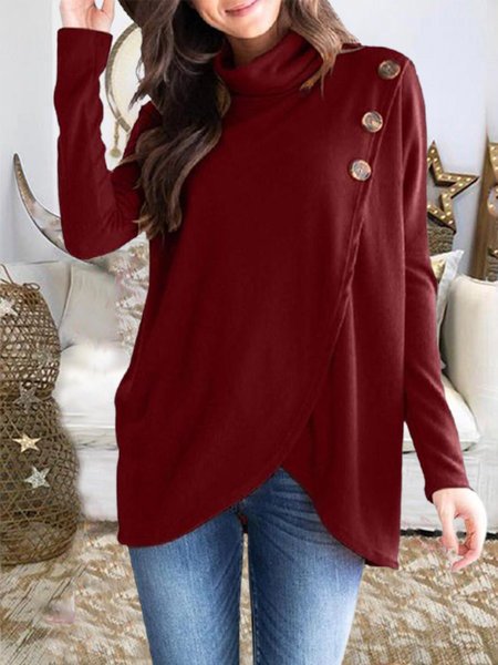 High Neck Button Casual Loosen Shirts & Tops, Red, Tops