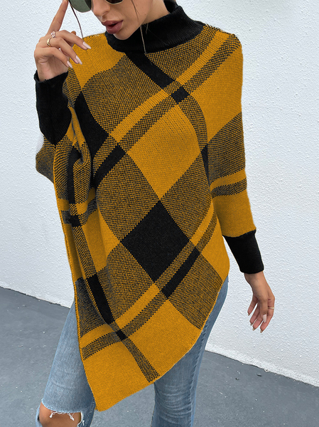 High Neck Simple Batwing Sweater, Black-yellow, Sweaters