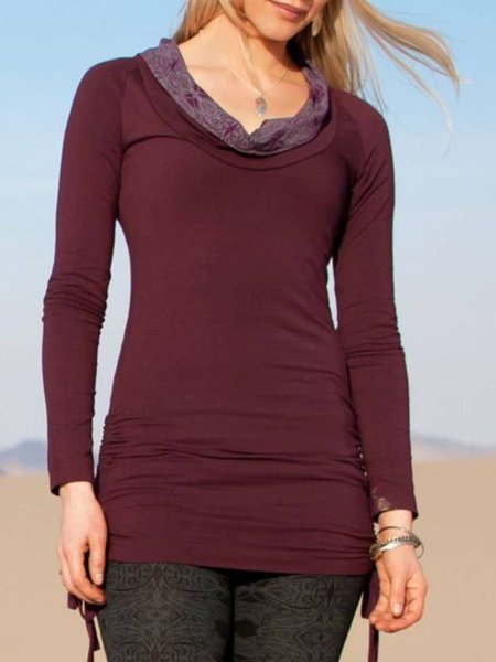 Long Sleeve Cowl Neck Casual Shirts & Tops, Deep red, Tops