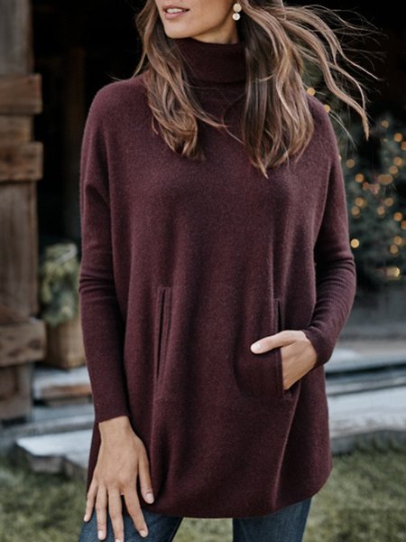 Casual High Neck Loosen Pocket Shirts & Tops, Brown, Tops