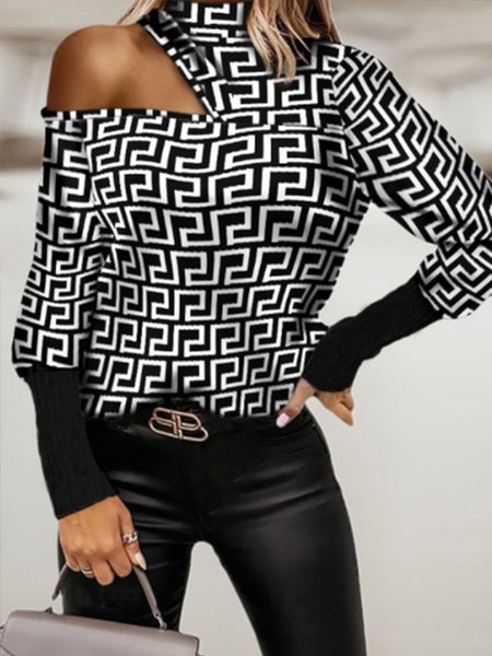 High Neck Elegant Printed Top, As picture, Tops