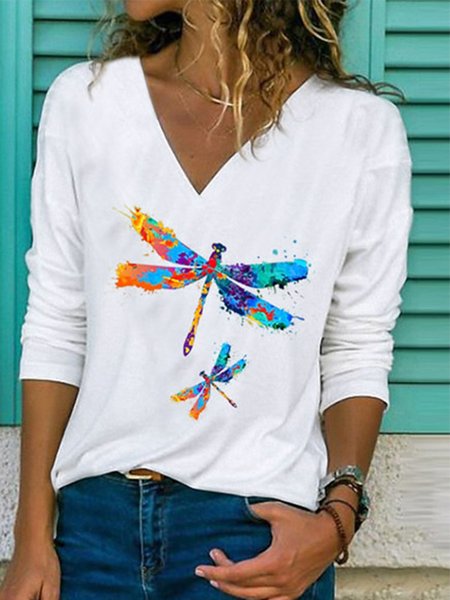 Casual Long Sleeve V Neck Printed Top, White, Tops