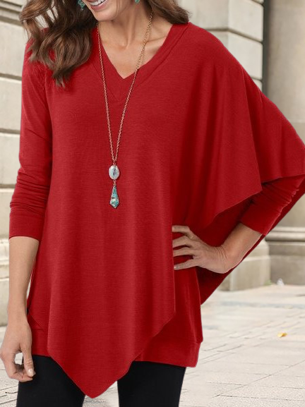 V Neck Loosen Casual Tops, Red, Long sleeve tops