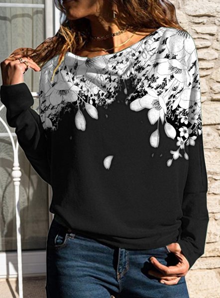 Floral Loosen Shirts & Tops, Black, Long sleeve tops