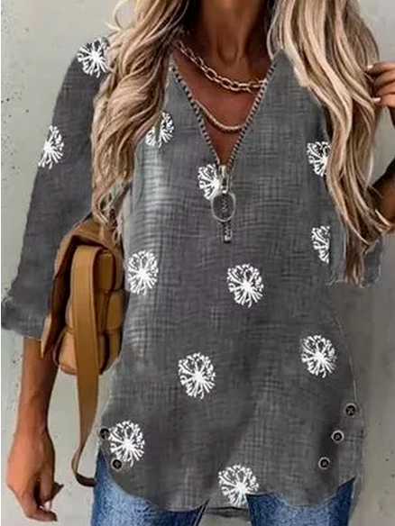 Floral Regular Fit Casual Long sleeve V Neck Zipper Shirts & Tops, Gray, Blouses & Shirts