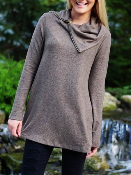 Lapel Zipper Solid Casual Loosen Shirts & Tops, Coffee, Tops