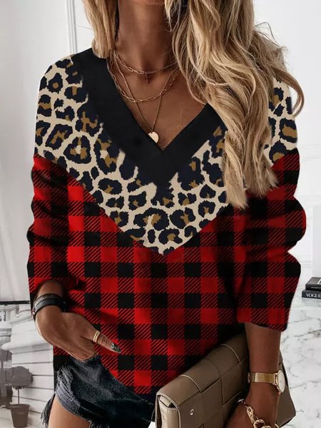 Leopard V Neck Sweatshirt, As picture, Sweatshirts & Hoodies