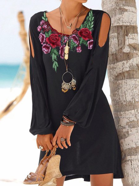 Vacation Floral Embroidered Dresses, Black, Mini Dresses