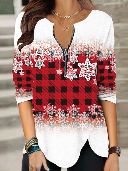 Long sleeve round neck zipper geometric snowflake T-shirt women, Red, Long sleeve tops
Long sleeve round neck zipper geometric snowflake T-shirt women, Red, Long sleeve tops