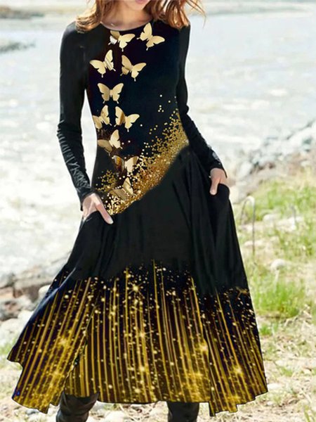 Casuale Maniche Lunghe Girocollo Stampato Abito, Multicolore, Maxi Dresses