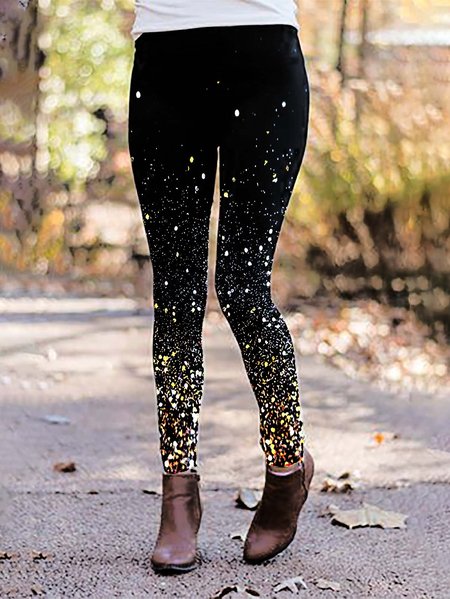 Sparkling Print Casual Slim Fit Leggings, Black, Leggings