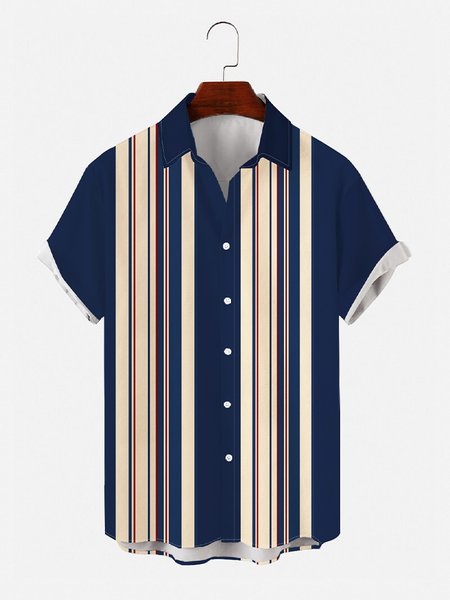 Retro Striped Hawaiian Short Sleeve Shirt, As picture, Men's Floral shirt
