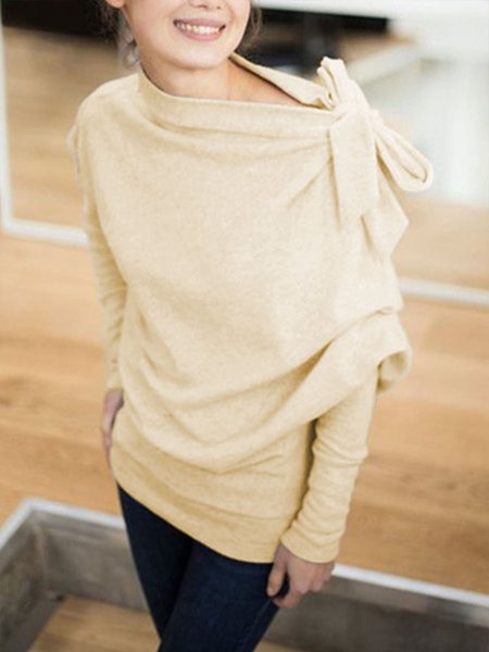 Loosen Casual Tie Neck Plain Top, Beige, Tops