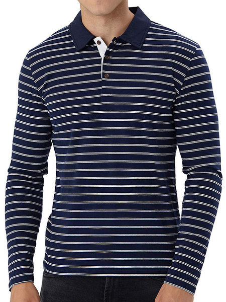 Men's Striped Long Sleeve Polo Shirt, Blue, polo